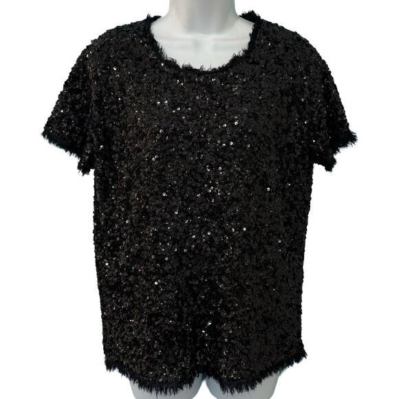Gryphon Anthropologie Black Sequin Cap Sleeve Round Neck Shirt Top Size S Glam - Picture 2 of 9